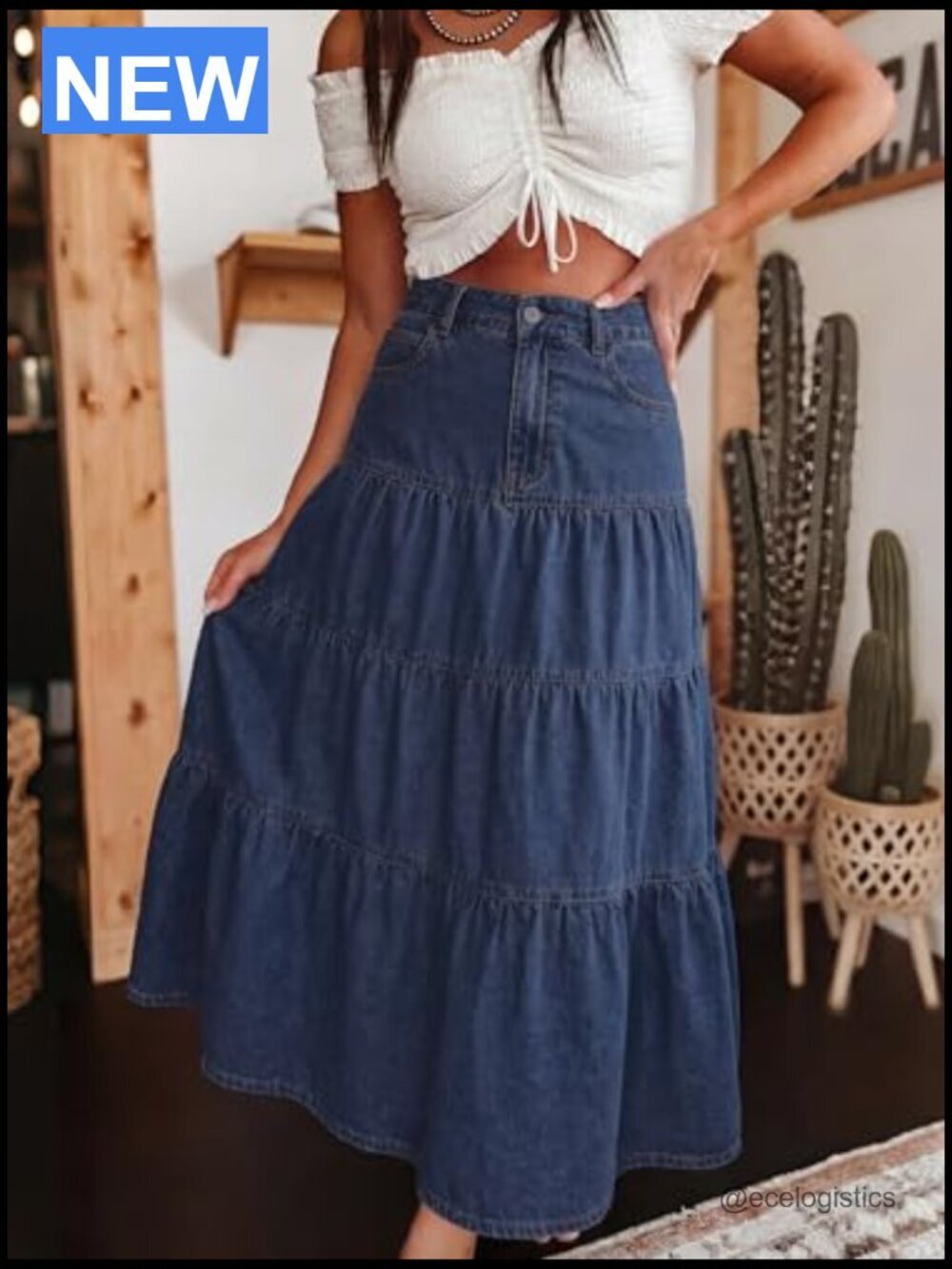 High Waisted Tiered Ruffle Denim Maxi Skirt with Pockets A-Line Boho - Picture 2 of 7